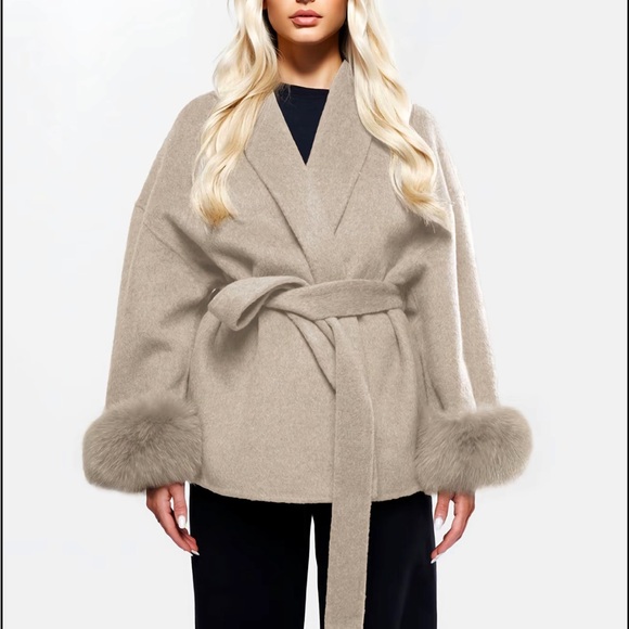 Jackets & Blazers - Taupe luxurious fair fur trim sleeve cuffs belted jacket coat